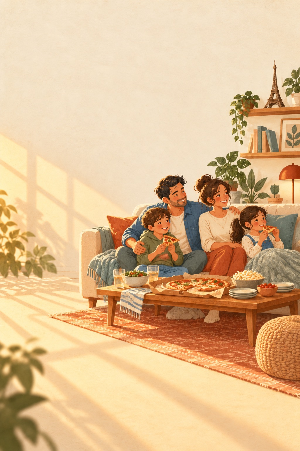 The family enjoying homemade pizza and a movie together.