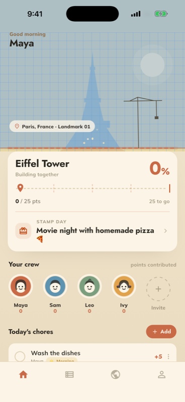 Choregether app showing a shared Eiffel Tower build and a family movie-night reward.
